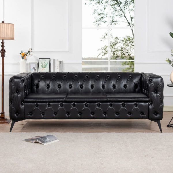 English Elm 84.06 Inch Tufted Pu Leather Three Seat Sofa with Sled Iron Legs for Living Room W68041369