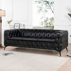 English Elm 84.06 Inch Tufted Pu Leather Three Seat Sofa with Sled Iron Legs for Living Room W68041369