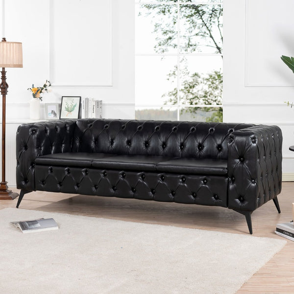 English Elm 84.06 Inch Tufted Pu Leather Three Seat Sofa with Sled Iron Legs for Living Room W68041369