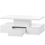 English Elm Modern Glossy Coffee Table With Drawer, 2-Tier Rectangle Center Table With Led Lighting For Living Room, 39.3''X19.6''X15.3'', White