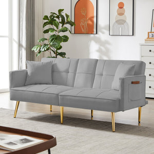 English Elm Grey Velvet Futon Sofa Bed with Foldable Cup Holders, Side Pockets & Gold Metal Legs for Stylish Comfort W58861176