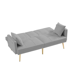 English Elm Grey Velvet Futon Sofa Bed with Foldable Cup Holders, Side Pockets & Gold Metal Legs for Stylish Comfort W58861176