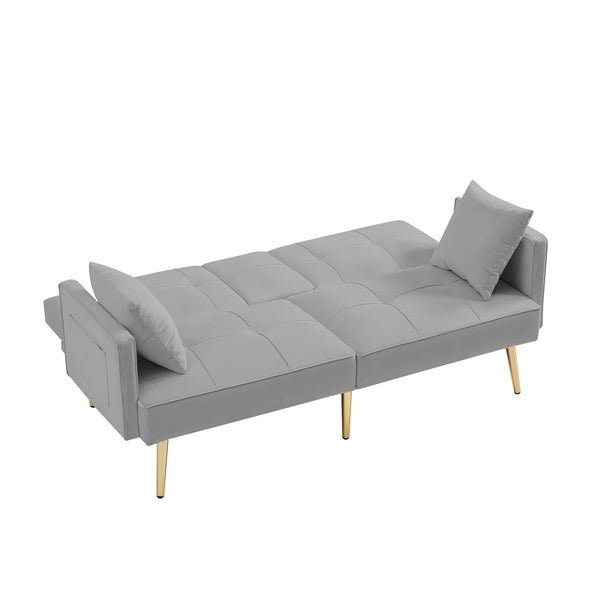 English Elm Grey Velvet Futon Sofa Bed with Foldable Cup Holders, Side Pockets & Gold Metal Legs for Stylish Comfort W58861176