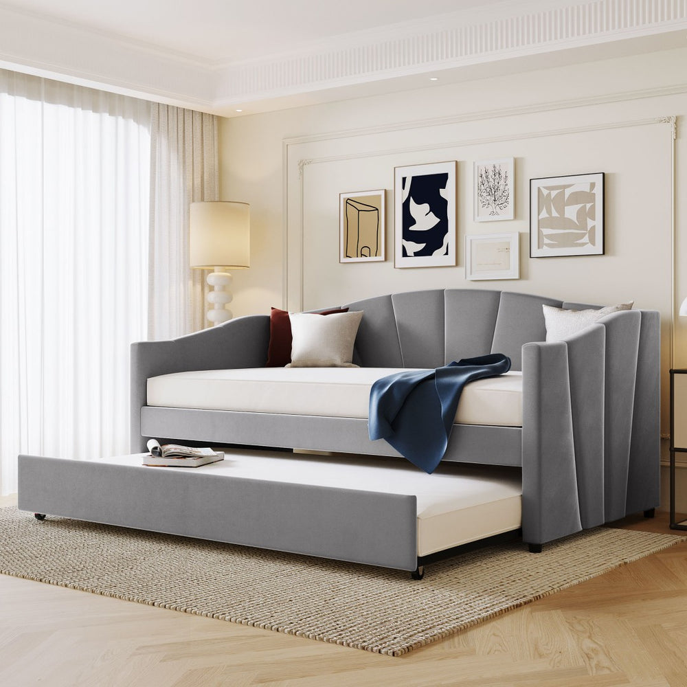 English Elm Upholstered Velvet Twin Daybed with Pull Out Trundle for Guest or Studio Rooms LP000412AAE