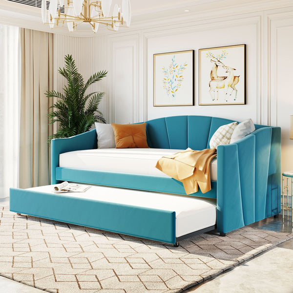 English Elm Upholstered Velvet Twin Daybed with Pull Out Trundle for Guest or Studio Rooms LP000412AAC
