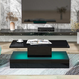 English Elm Modern Glossy Coffee Table With Drawer, 2-Tier Rectangle Center Table With Led Lighting For Living Room, 39.3''X19.6''X15.3'', Black