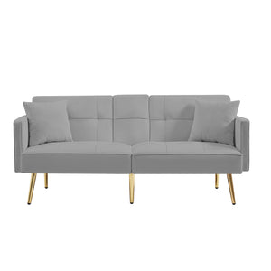 English Elm Grey Velvet Futon Sofa Bed with Foldable Cup Holders, Side Pockets & Gold Metal Legs for Stylish Comfort W58861176