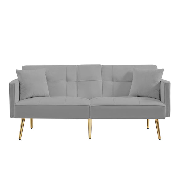 English Elm Grey Velvet Futon Sofa Bed with Foldable Cup Holders, Side Pockets & Gold Metal Legs for Stylish Comfort W58861176