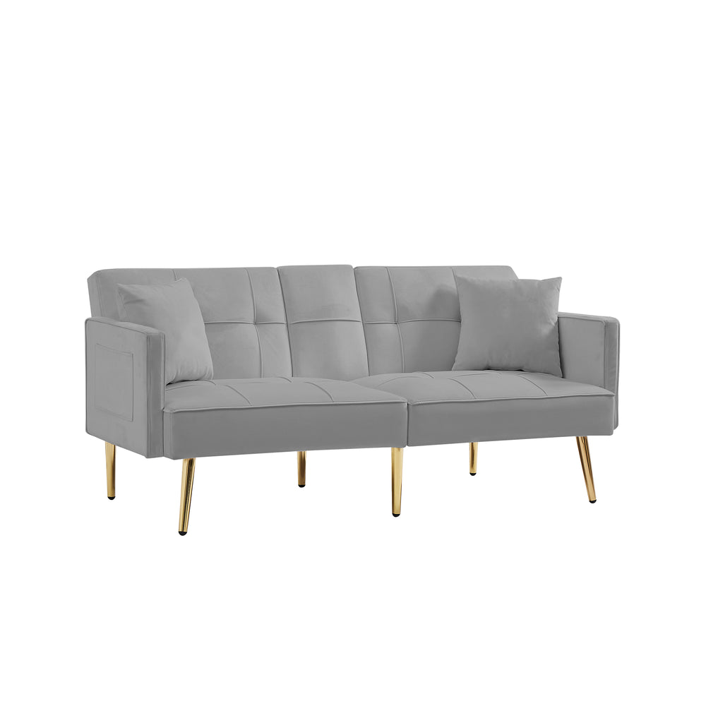 English Elm Grey Velvet Futon Sofa Bed with Foldable Cup Holders, Side Pockets & Gold Metal Legs for Stylish Comfort W58861176