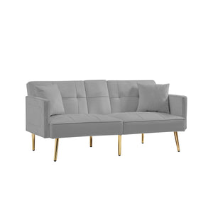 English Elm Grey Velvet Futon Sofa Bed with Foldable Cup Holders, Side Pockets & Gold Metal Legs for Stylish Comfort W58861176