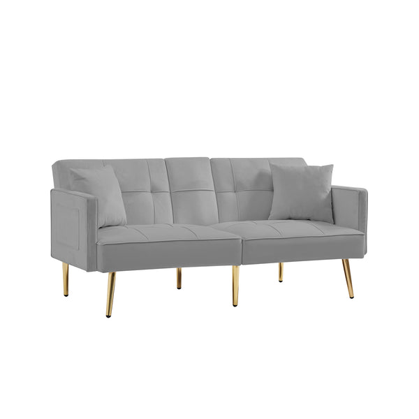 English Elm Grey Velvet Futon Sofa Bed with Foldable Cup Holders, Side Pockets & Gold Metal Legs for Stylish Comfort W58861176
