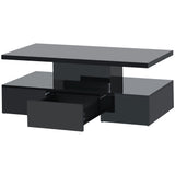 English Elm Modern Glossy Coffee Table With Drawer, 2-Tier Rectangle Center Table With Led Lighting For Living Room, 39.3''X19.6''X15.3'', Black