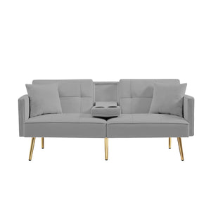 English Elm Grey Velvet Futon Sofa Bed with Foldable Cup Holders, Side Pockets & Gold Metal Legs for Stylish Comfort W58861176