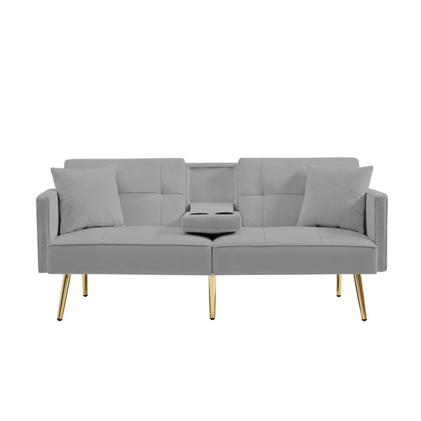 English Elm Grey Velvet Futon Sofa Bed with Foldable Cup Holders, Side Pockets & Gold Metal Legs for Stylish Comfort W58861176