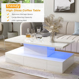 English Elm Modern Glossy Coffee Table With Drawer, 2-Tier Rectangle Center Table With Led Lighting For Living Room, 39.3''X19.6''X15.3'', White