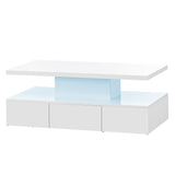 English Elm Modern Glossy Coffee Table With Drawer, 2-Tier Rectangle Center Table With Led Lighting For Living Room, 39.3''X19.6''X15.3'', White