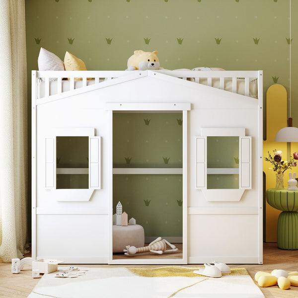 English Elm Twin House Frame Loft Bed Solid Pine White Finish with Guard Rails for Kids LT000335AAK