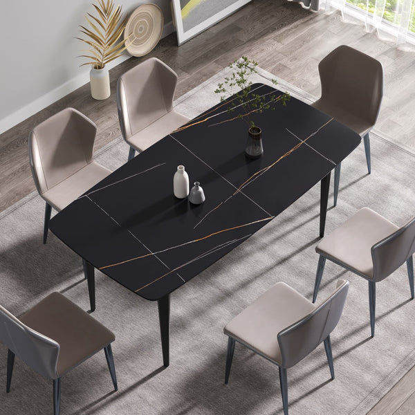 English Elm 70.87"Modern 70.87" Modern Curved Black Metal Leg Dining Table With Artificial Stone Top For 6-8 Guests Comfortably W1535S00093