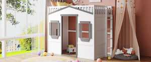 English Elm Twin House Frame Loft Bed Solid Pine Wood Kids Room Elevated Sleeping Platform LT000335AAM
