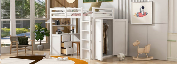 English Elm Twin Loft Bed with Built-in Desk Wardrobe and Drawers Solid Pine Space Saver White LT000301AAK-2