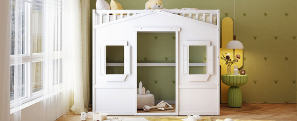 English Elm Twin House Frame Loft Bed Solid Pine White Finish with Guard Rails for Kids LT000335AAK