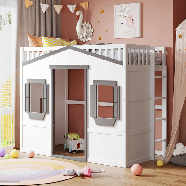 English Elm Twin House Frame Loft Bed Solid Pine Wood Kids Room Elevated Sleeping Platform LT000335AAM