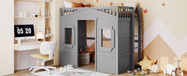 English Elm Twin House Loft Bed Solid Pine Frame with Guard Rails and Ladder for Kids Rooms LT000335AAE