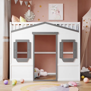 English Elm Twin House Frame Loft Bed Solid Pine Wood Kids Room Elevated Sleeping Platform LT000335AAM