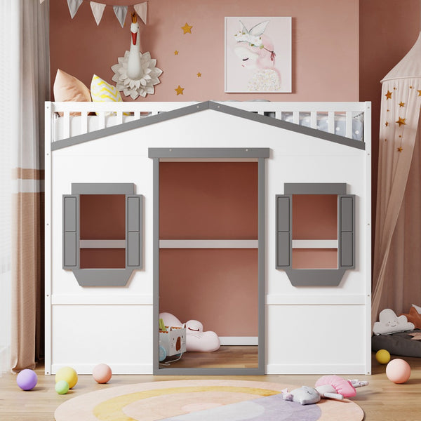 English Elm Twin House Frame Loft Bed Solid Pine Wood Kids Room Elevated Sleeping Platform LT000335AAM