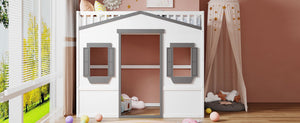 English Elm Twin House Frame Loft Bed Solid Pine Wood Kids Room Elevated Sleeping Platform LT000335AAM