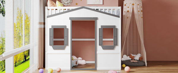 English Elm Twin House Frame Loft Bed Solid Pine Wood Kids Room Elevated Sleeping Platform LT000335AAM