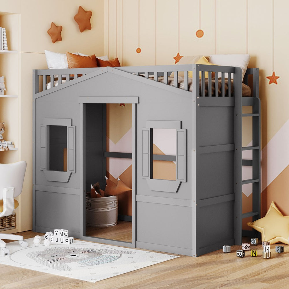 English Elm Twin House Loft Bed Solid Pine Frame with Guard Rails and Ladder for Kids Rooms LT000335AAE