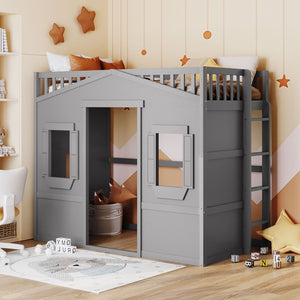 English Elm Twin House Loft Bed Solid Pine Frame with Guard Rails and Ladder for Kids Rooms LT000335AAE