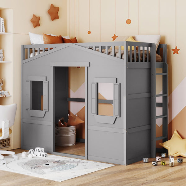 English Elm Twin House Loft Bed Solid Pine Frame with Guard Rails and Ladder for Kids Rooms LT000335AAE