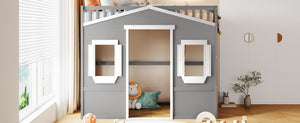 English Elm Twin House Loft Bed Pinewood Frame with Guard Rail and Ladder for Kids Room LT000335AAN