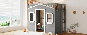English Elm Twin House Loft Bed Pinewood Frame with Guard Rail and Ladder for Kids Room LT000335AAN