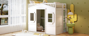 English Elm Twin House Frame Loft Bed Solid Pine White Finish with Guard Rails for Kids LT000335AAK