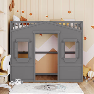 English Elm Twin House Loft Bed Solid Pine Frame with Guard Rails and Ladder for Kids Rooms LT000335AAE