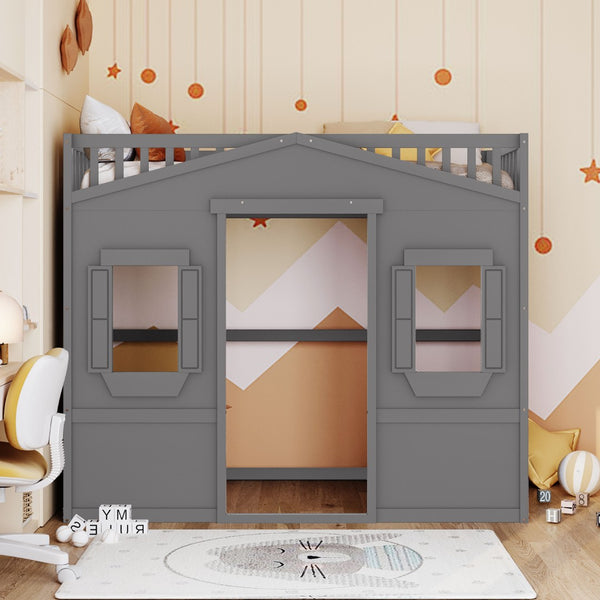 English Elm Twin House Loft Bed Solid Pine Frame with Guard Rails and Ladder for Kids Rooms LT000335AAE