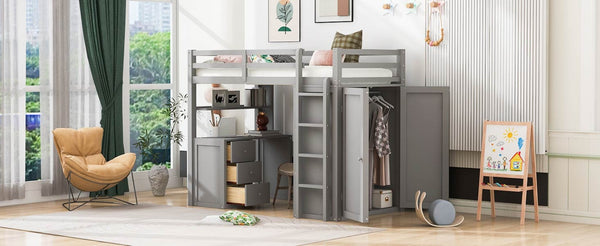 English Elm Twin Loft Bed with Built-in Desk Wardrobe and Drawers for Kids Compact Rooms Gray LT000301AAE-1