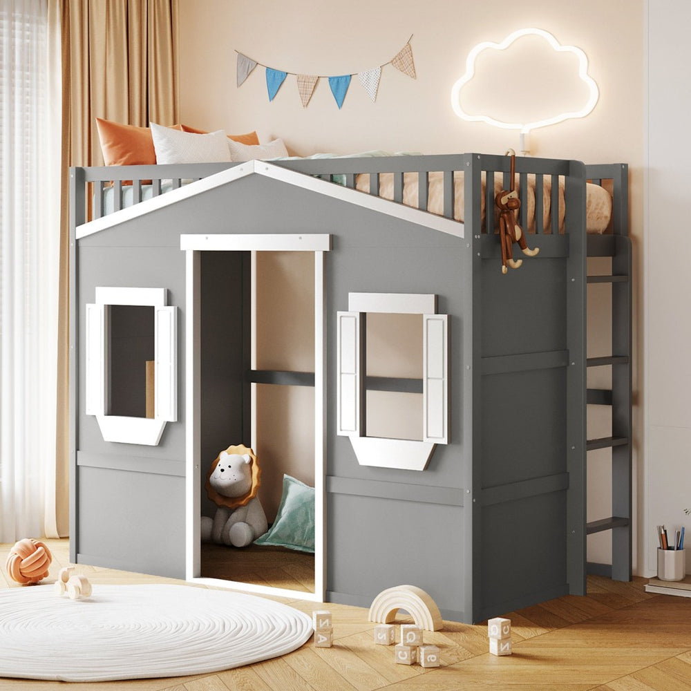 English Elm Twin House Loft Bed Pinewood Frame with Guard Rail and Ladder for Kids Room LT000335AAN