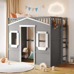 English Elm Twin House Loft Bed Pinewood Frame with Guard Rail and Ladder for Kids Room LT000335AAN