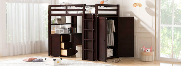 English Elm Twin Loft Bed with Built-in Desk Wardrobe and Drawers Solid Pine Space Saver Espresso LT000301AAP-2