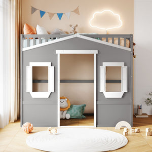 English Elm Twin House Loft Bed Pinewood Frame with Guard Rail and Ladder for Kids Room LT000335AAN