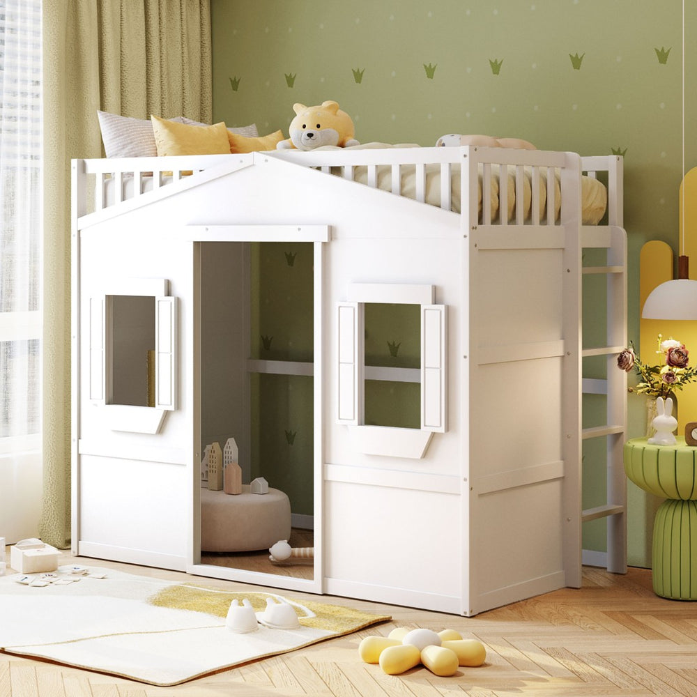 English Elm Twin House Frame Loft Bed Solid Pine White Finish with Guard Rails for Kids LT000335AAK
