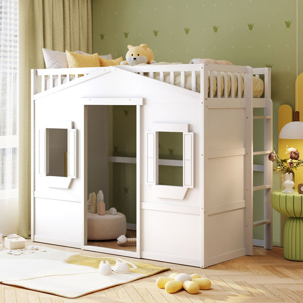 English Elm Twin House Frame Loft Bed Solid Pine White Finish with Guard Rails for Kids LT000335AAK