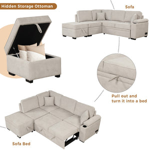 English Elm 84.75" Linen Sectional Sleeper Sofa with Storage Ottoman for Apartment Living SG000550AAA