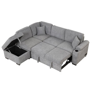 English Elm 84.75" Linen Sectional Sleeper Sofa with Storage Ottoman for Apartment Living SG000550AAE