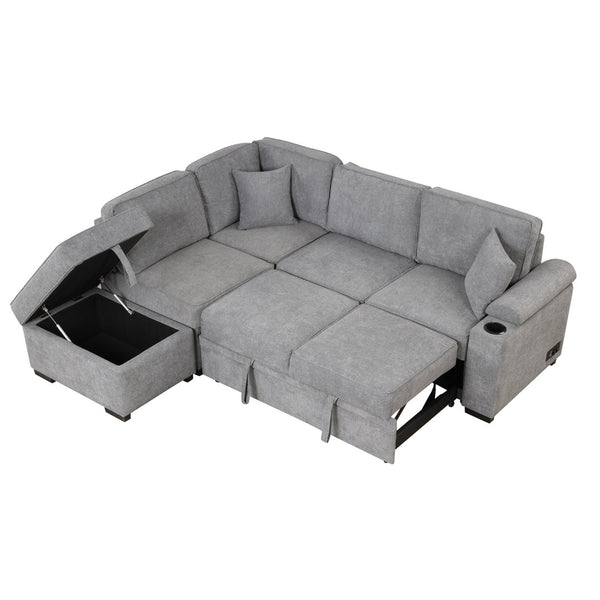 English Elm 84.75" Linen Sectional Sleeper Sofa with Storage Ottoman for Apartment Living SG000550AAE