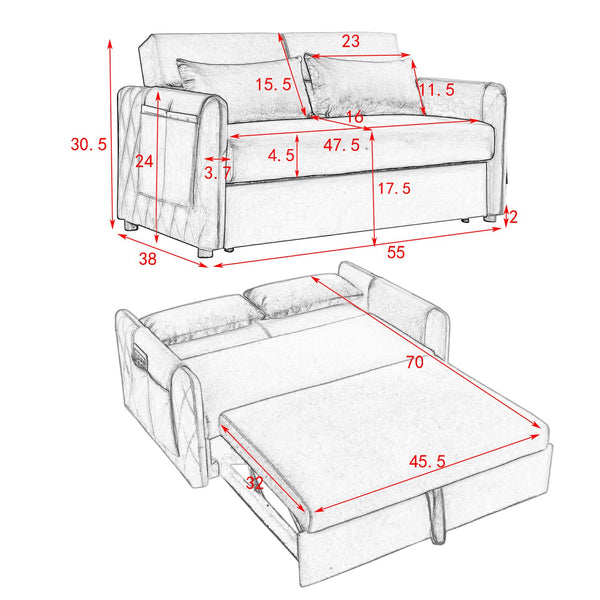 English Elm 55" Modern Convertible Sofa Bed Velvet Loveseat with Pull-Out Frame, 3-Position Recline, Storage Pockets, Plush Pillows Green W119363993